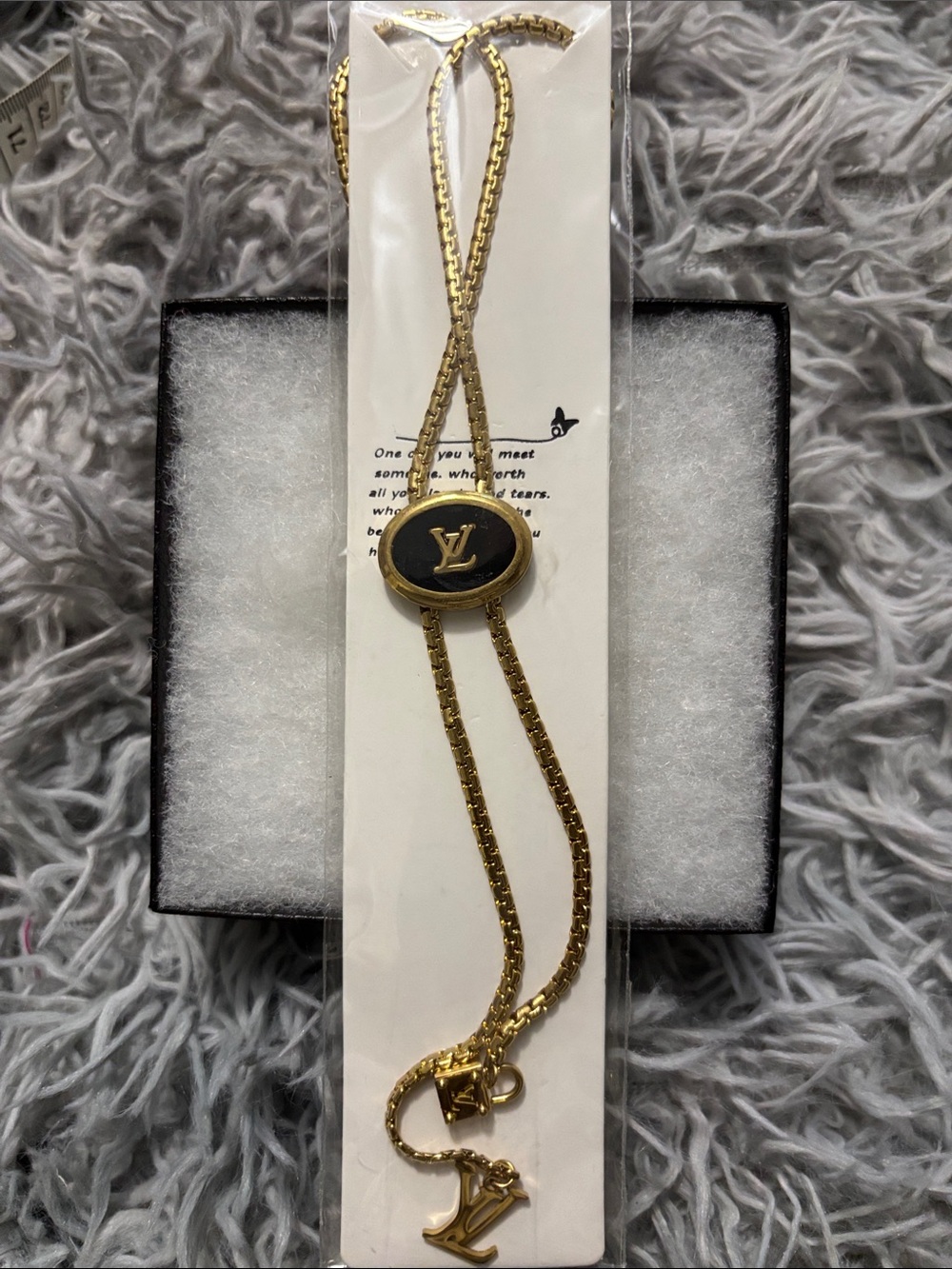 LV Gold-Tone & Black Logo Long Necklace
